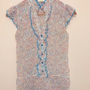 Ivory FLORAL RUFFLE Short Sleeve Blouse S Peasant